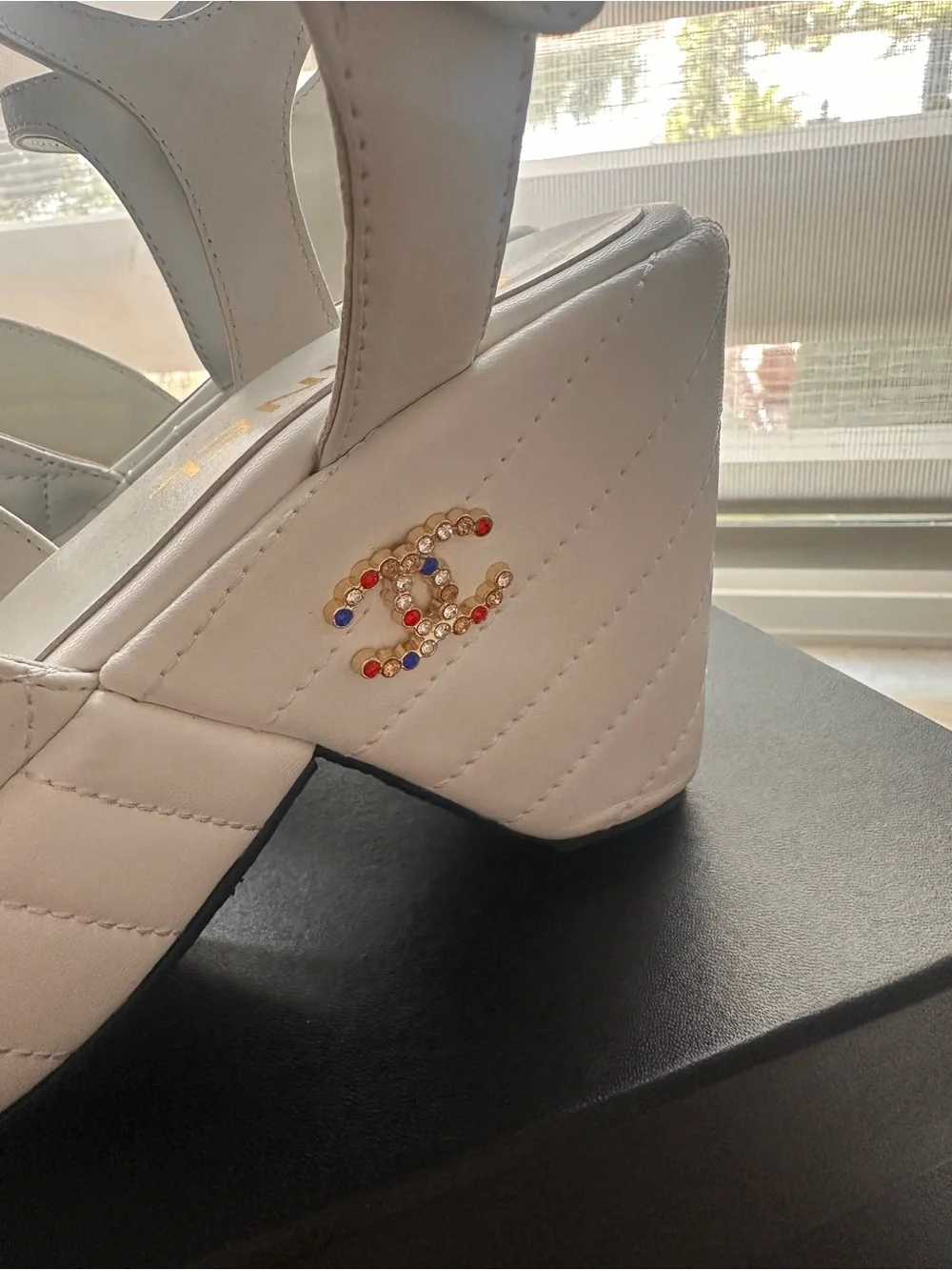 CHANEL White Quilted Leather Slingback Block Heel Sandals